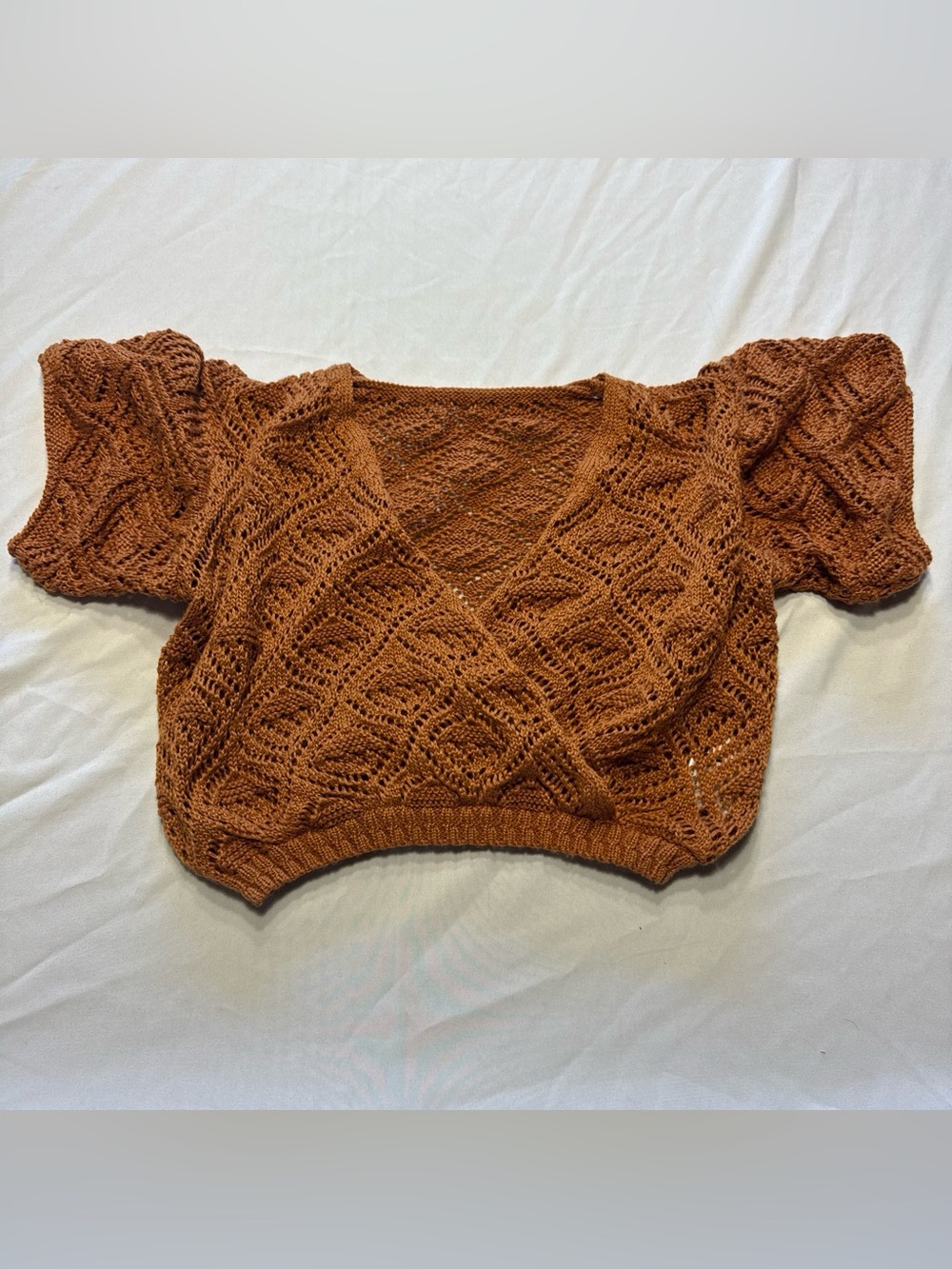 Cropped Openwork V-Neck Sweater in Rust